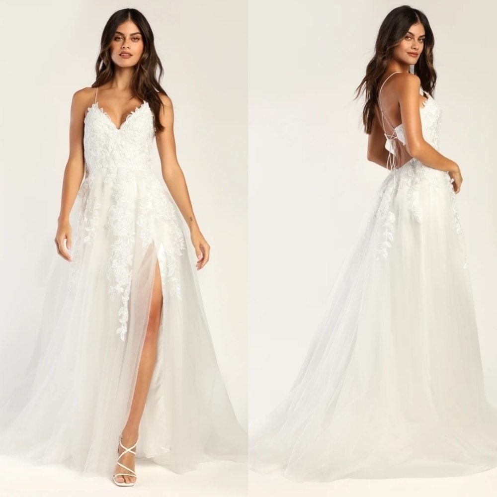 Lulus Vow to Cherish White Embroidered Lace-Up Tulle Maxi Dress Wedding Bridal
